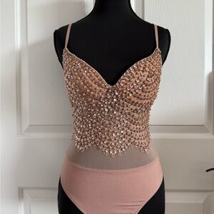 Beaded rhinestone embellished bodysuit cream pink festival rave EDC